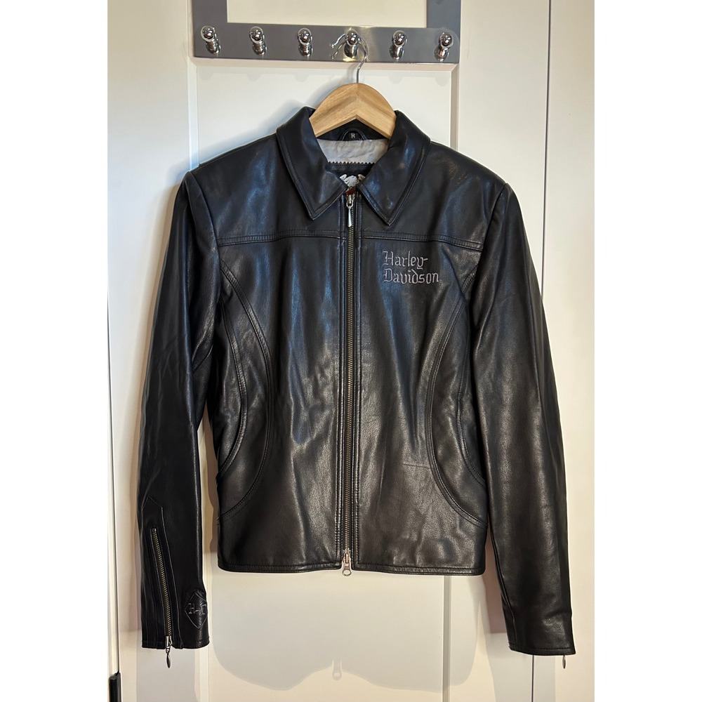 Harley Davidson Womens Black Leather Motorcycle Jacket Embroidered Logo Size M